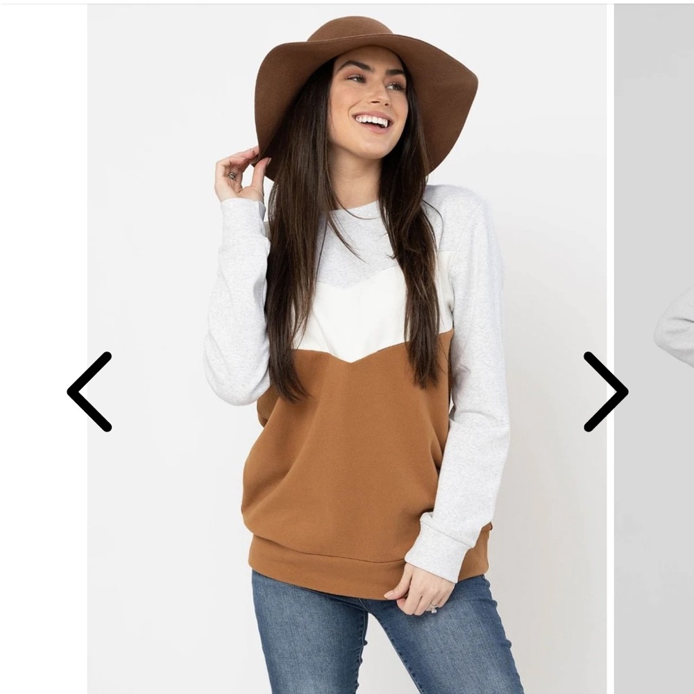 Nursing Queen Colorblock Crewneck Sweater in White, Brown & Light Gray